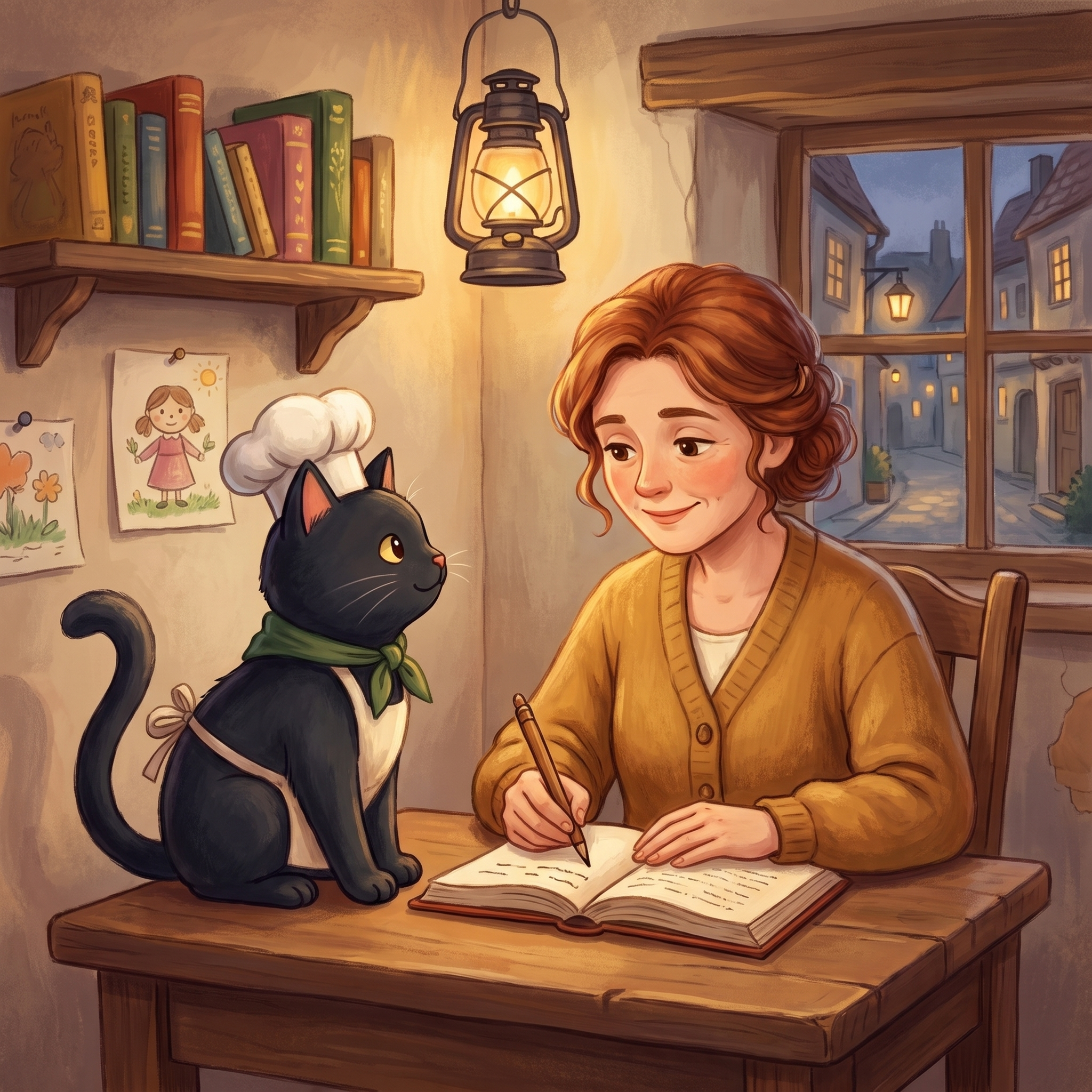 An illustration of author Wilma Nix writing at a lamplit desk, with Soot the cat baker sitting beside her.