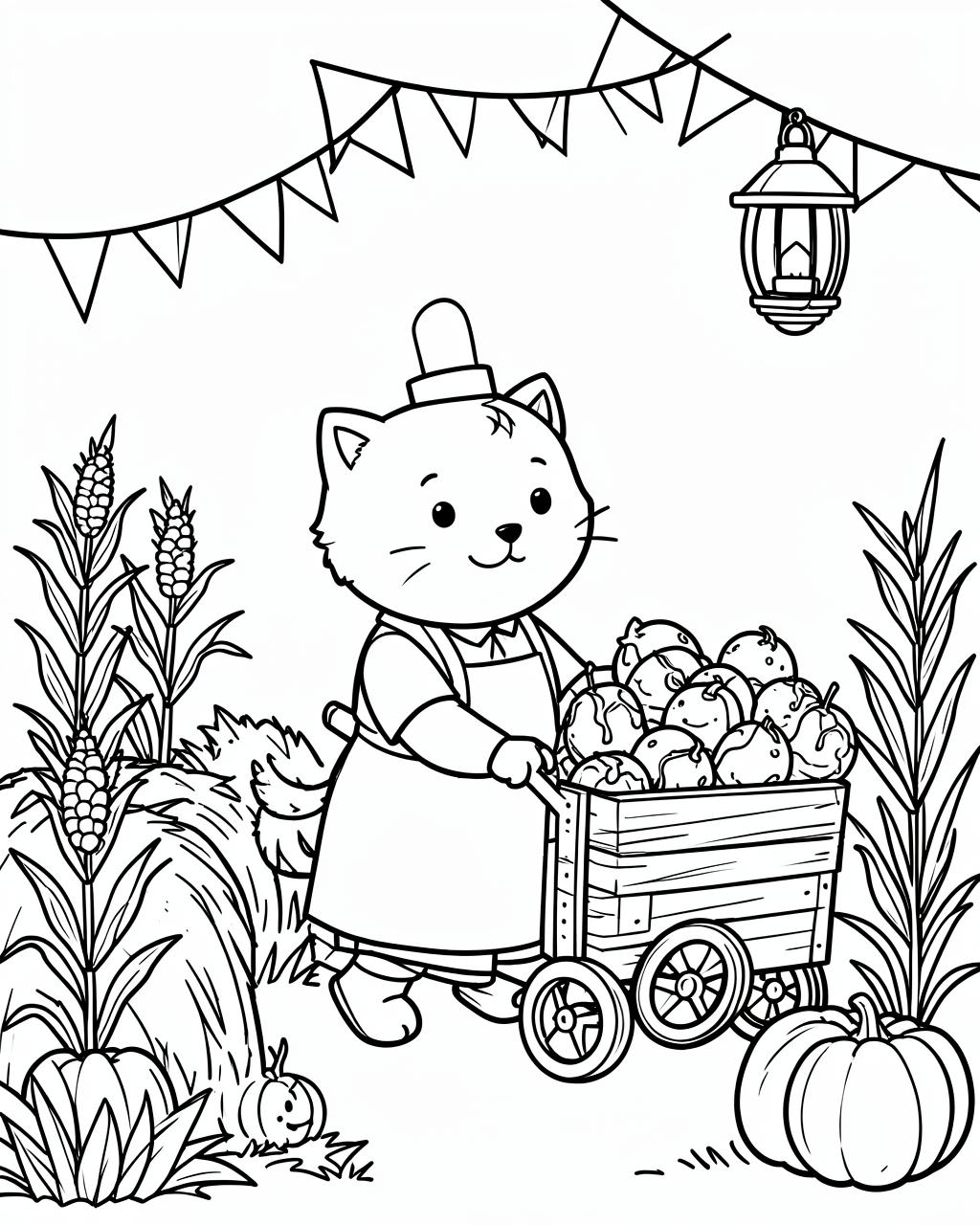 Printable Hollow Fair coloring page: Toffee apples, buns and one very proud baker