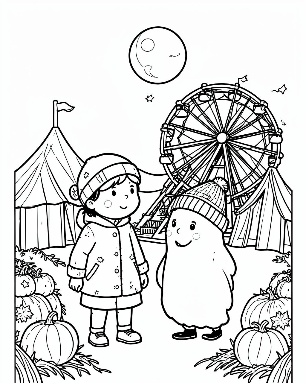 Printable Hollow Fair coloring page: Puff and the children under the big wheel