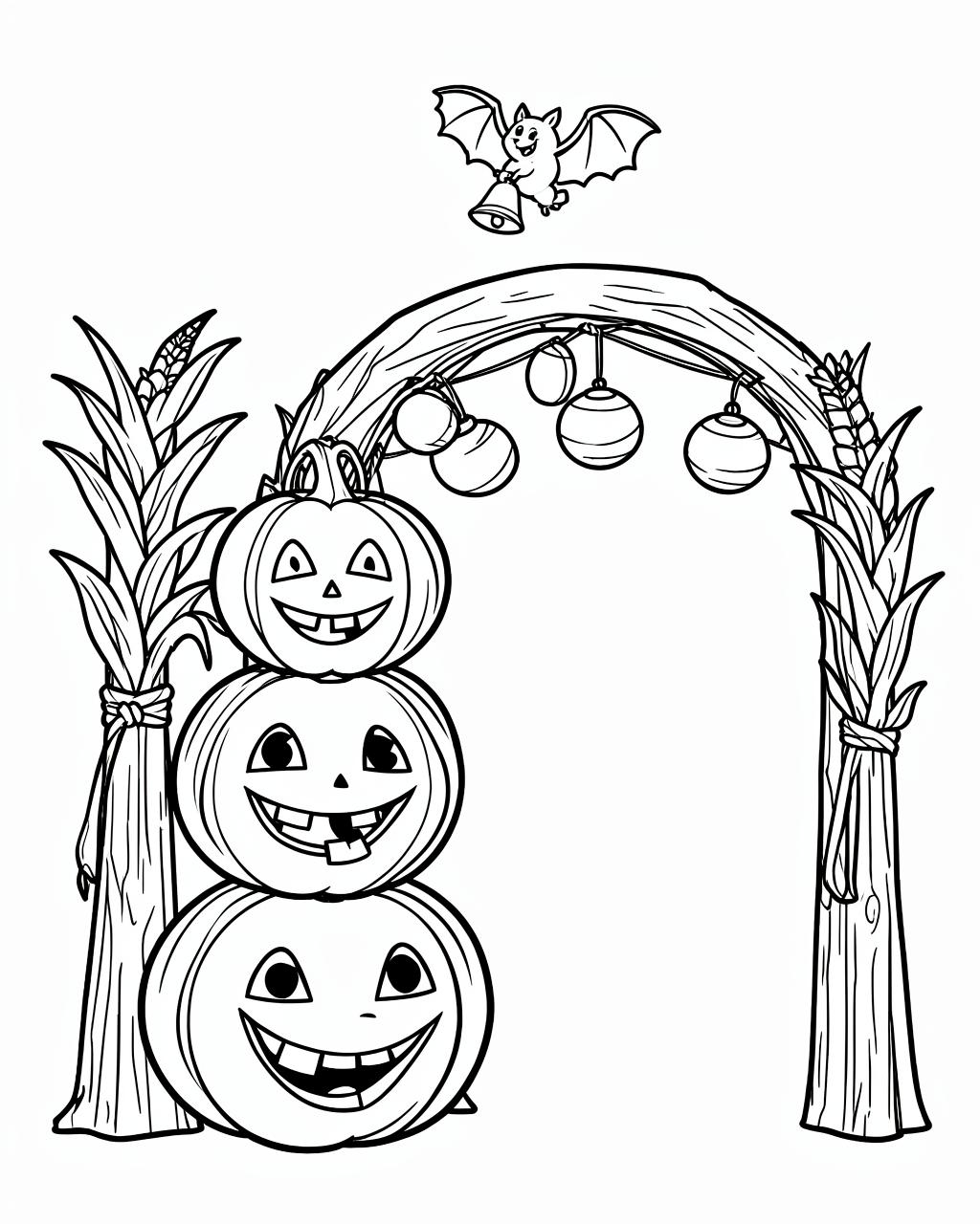 Printable Hollow Fair coloring page: Pumpkins stacked at the gate of the fair
