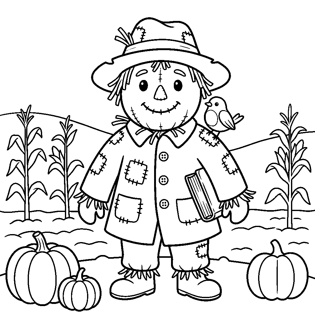 Grandpa Rusk the scarecrow with his storybook and robin
