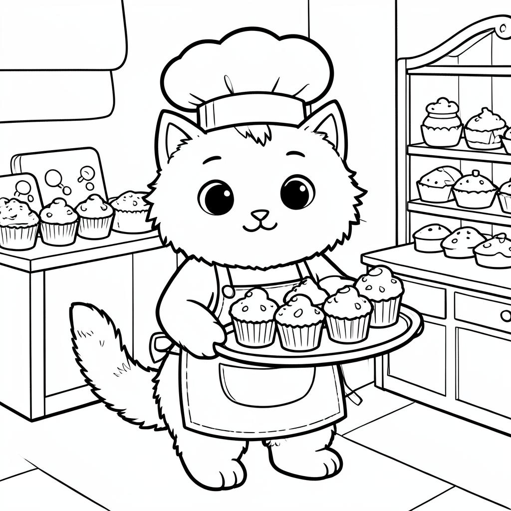 Printable coloring page of Soot, The baker cat of Timblemoon