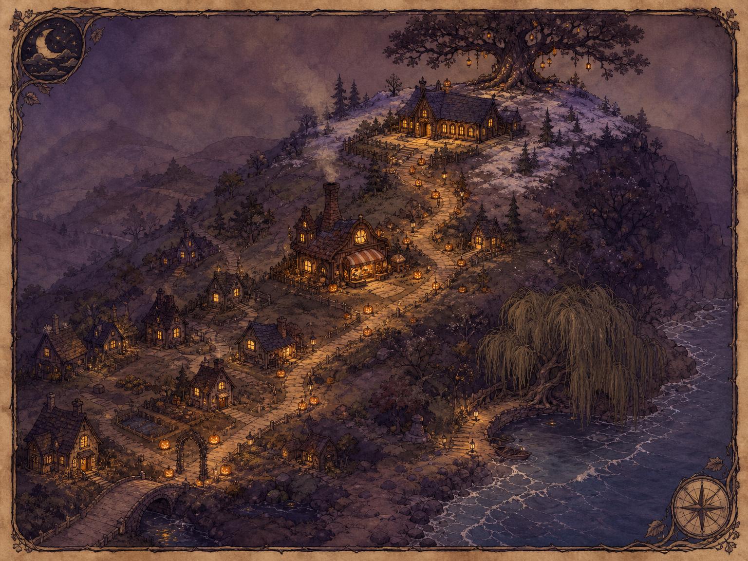 Illustrated map of Timblemoon showing the hill, Lantern Lane, the Big Oak, the Long Hall, Soot's kitchen, Salix's cove and the ocean